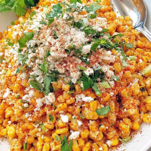 Mexican street corn off the cob (esquites) with cheese and cilantro on a white plate