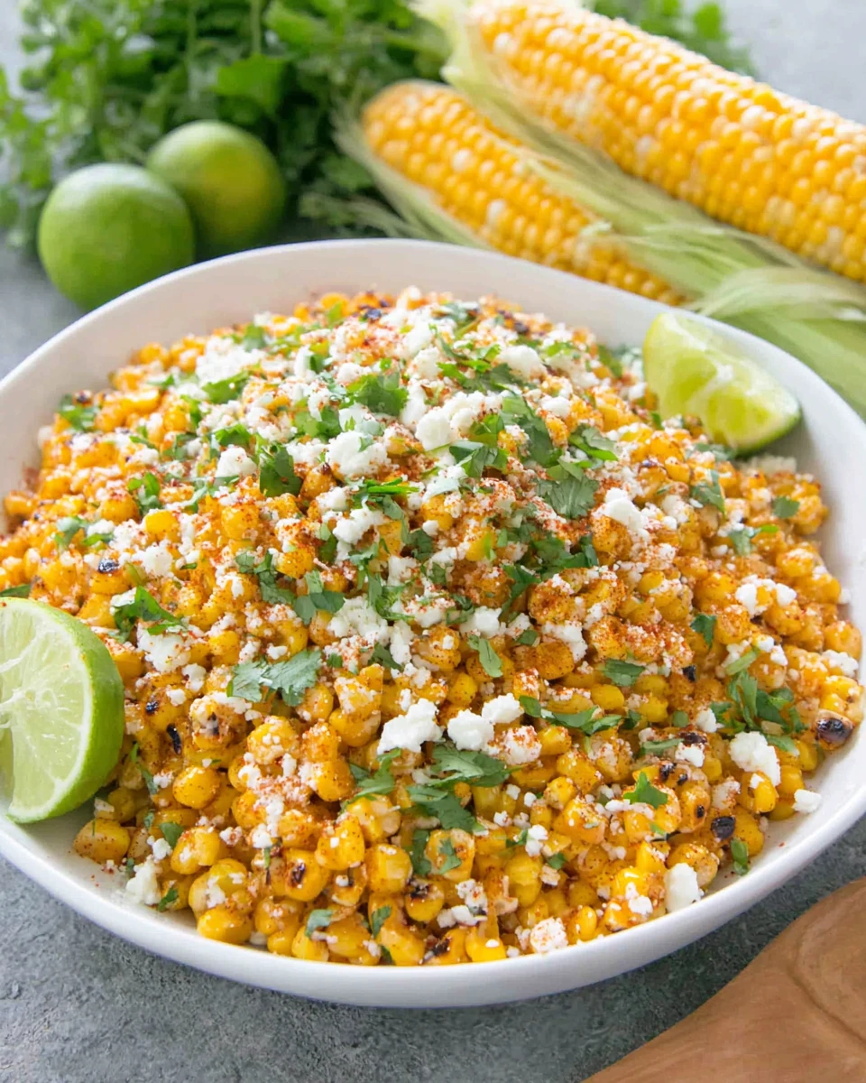 Mexican street corn salad with cotija cheese and cilantro in a white bowl