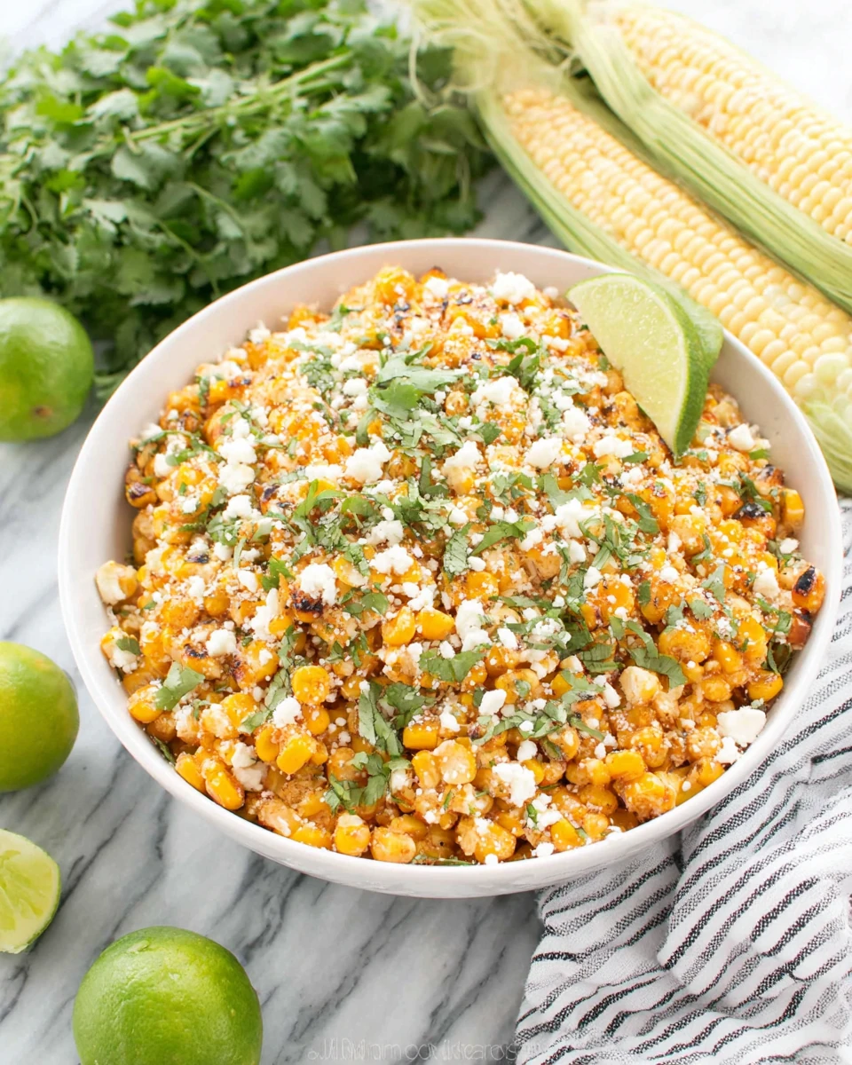 Mexican street corn salad with cotija cheese and cilantro in a white bowl