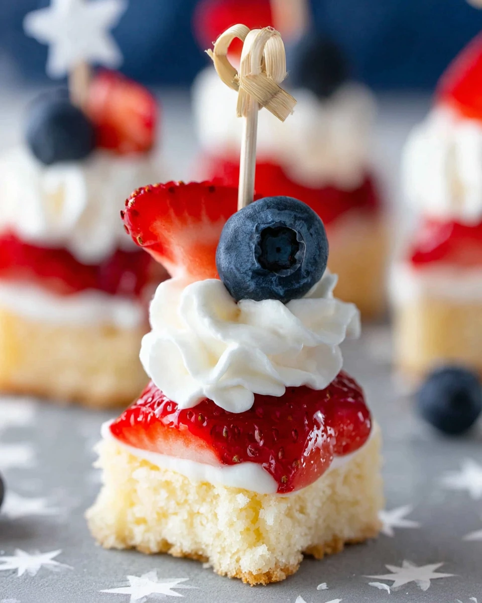 Mini strawberry shortcake bites with fresh strawberries, blueberries, and cool whip on a festive star-patterned surface