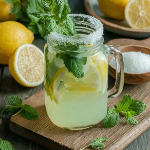 Mint lemonade in a mason jar with fresh mint and lemon slices