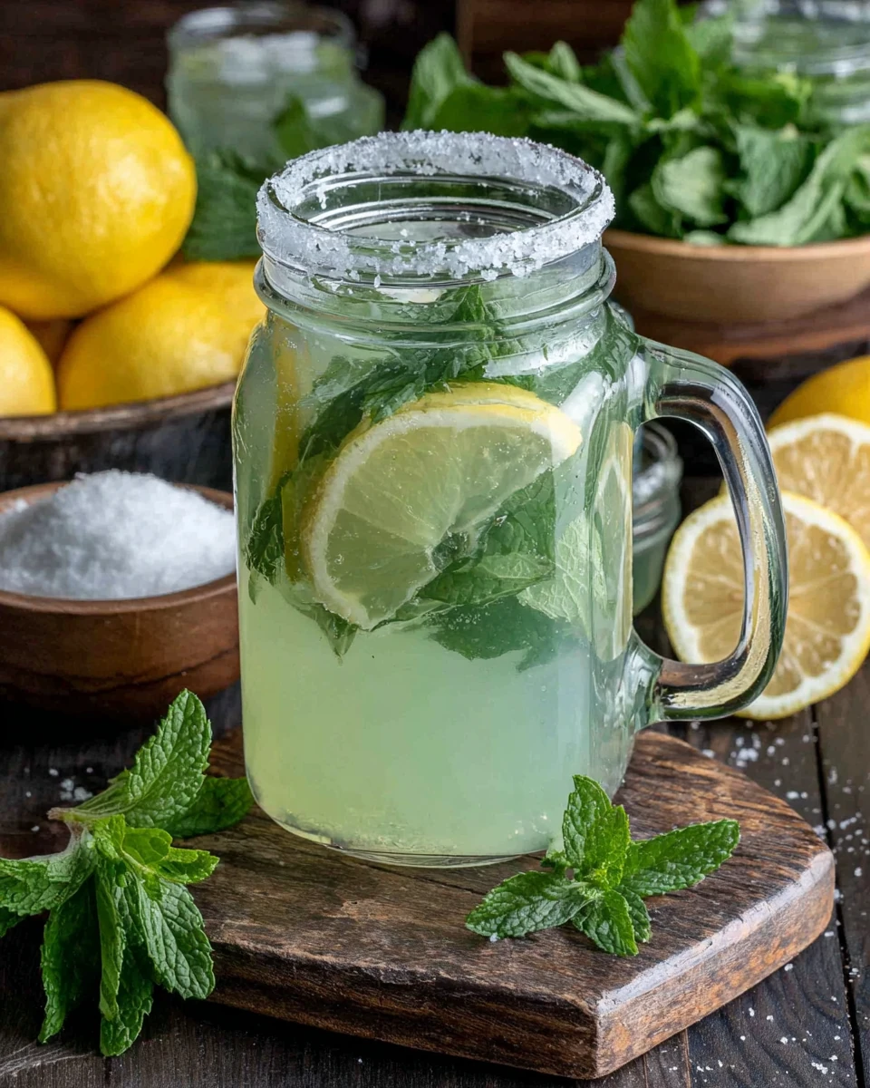 Mint lemonade in a mason jar with fresh mint and lemon garnish