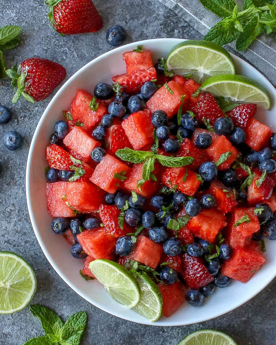 Mojito fruit salad with watermelon, strawberries, blueberries, and mint in a white bowl