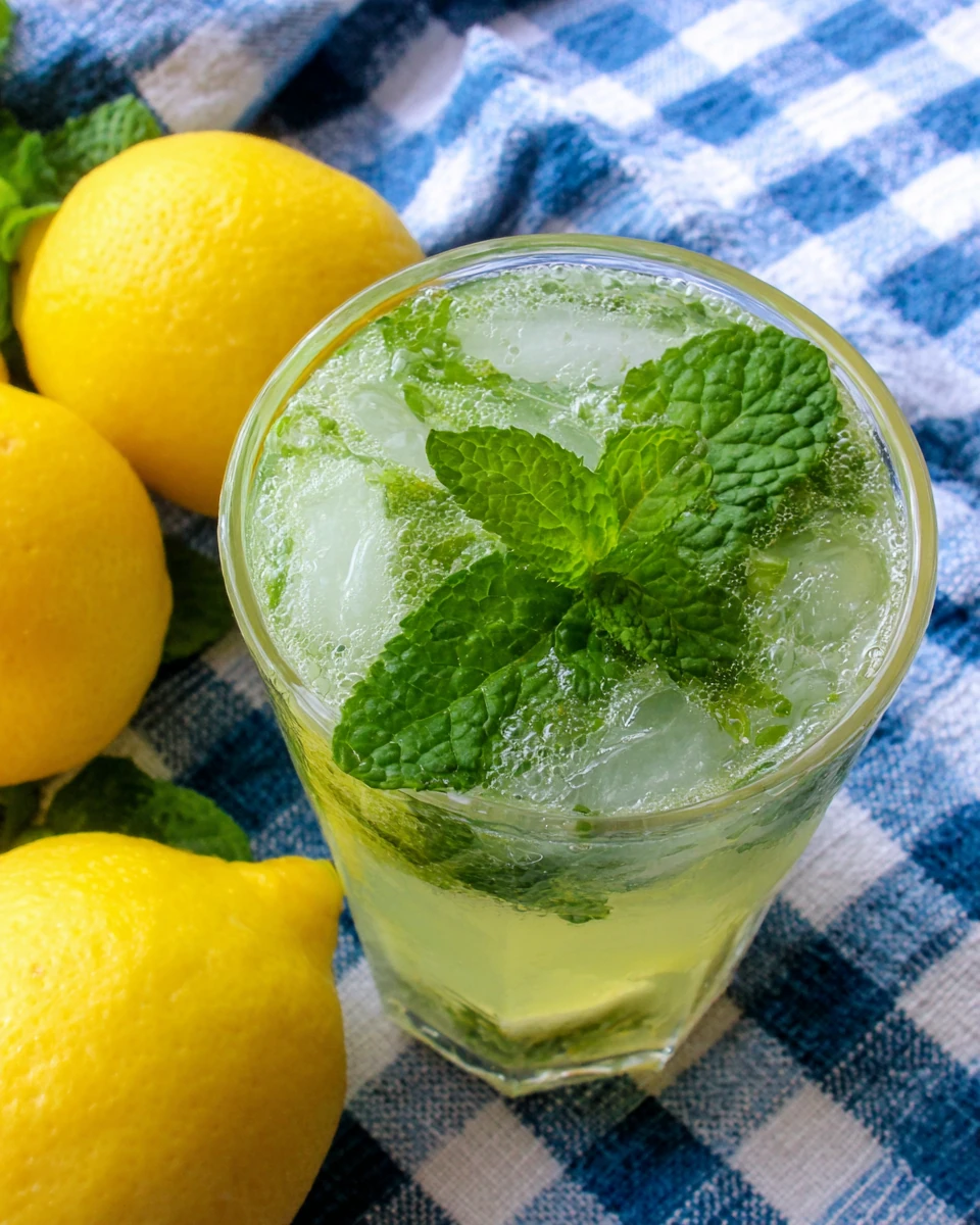 Moroccan mint lemonade in a glass with ice and mint, lemons nearby