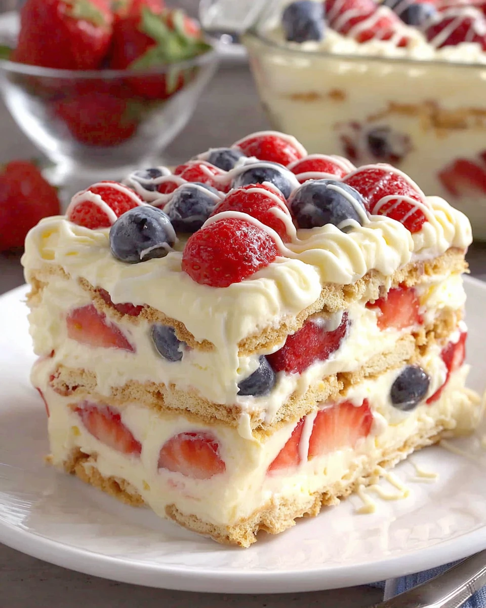 No bake summer berry icebox cake slice with strawberries, blueberries, and white chocolate drizzle