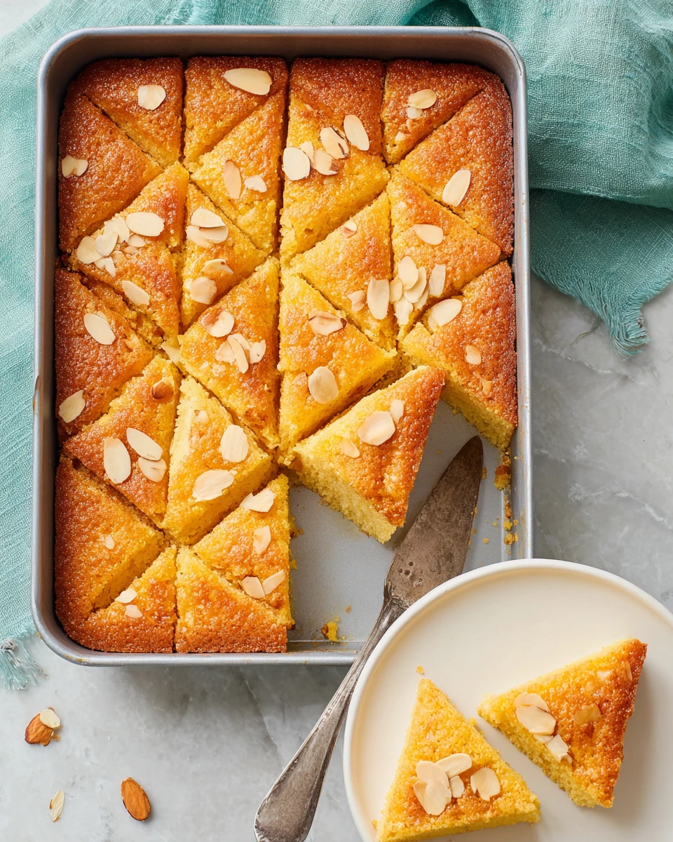 Golden cake with crunchy almond topping in a baking pan