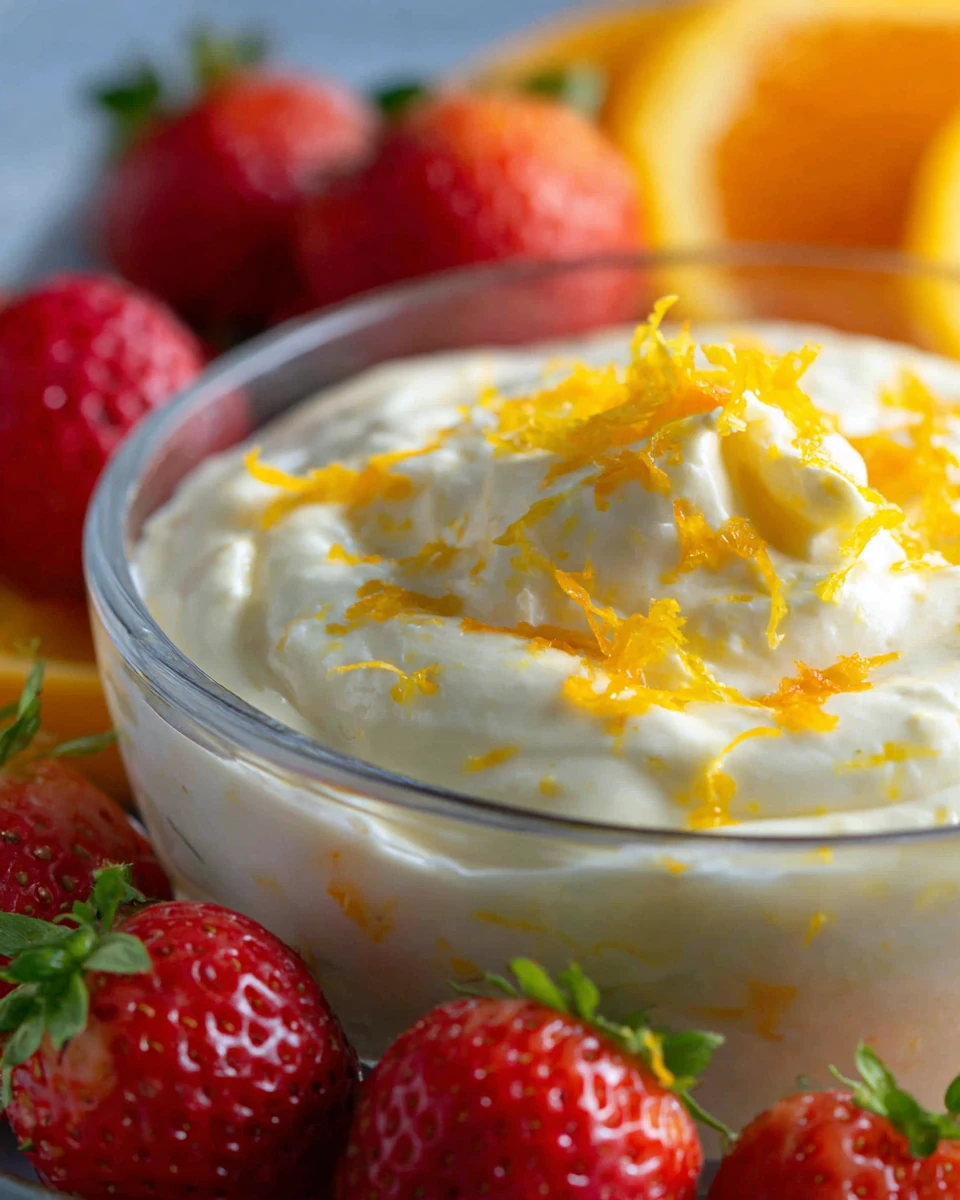 Creamy orange creamsicle fruit dip with fresh strawberries and orange zest
