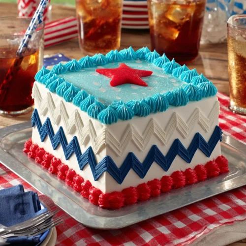 Patriotic sheet cake with red star and blue white zigzag frosting