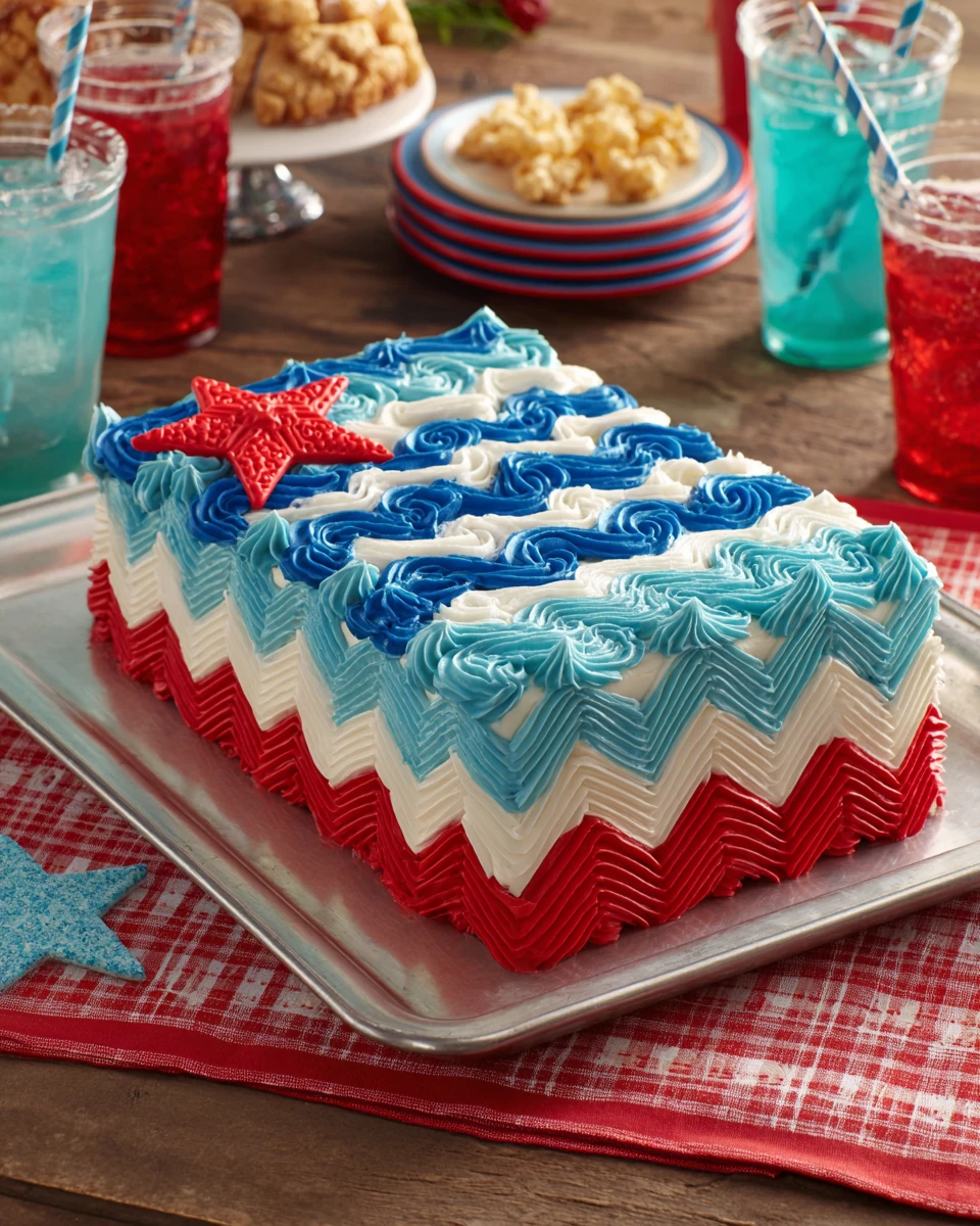 Patriotic sheet cake with red star and blue white zigzag frosting