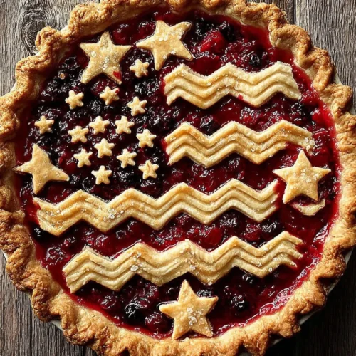 Patriotic pie with red, white, and blue berry filling and star-spangled crust design