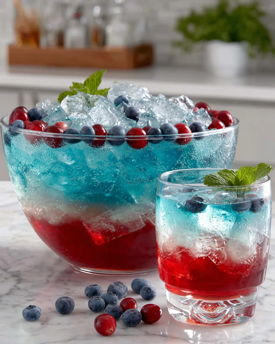 Patriotic punch cocktail with red, white, and blue layers, garnished with berries and mint.