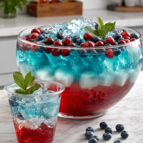 Patriotic punch cocktail with red, white, and blue layers, garnished with berries and mint.