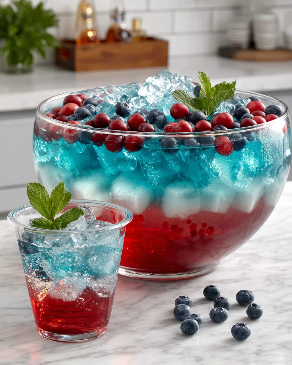 Patriotic punch cocktail with red, white, and blue layers, garnished with berries and mint.