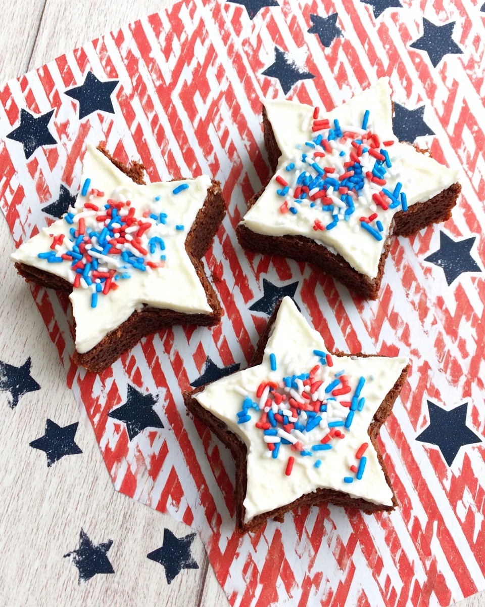 Patriotic star brownies with red, white, and blue sprinkles on a festive background