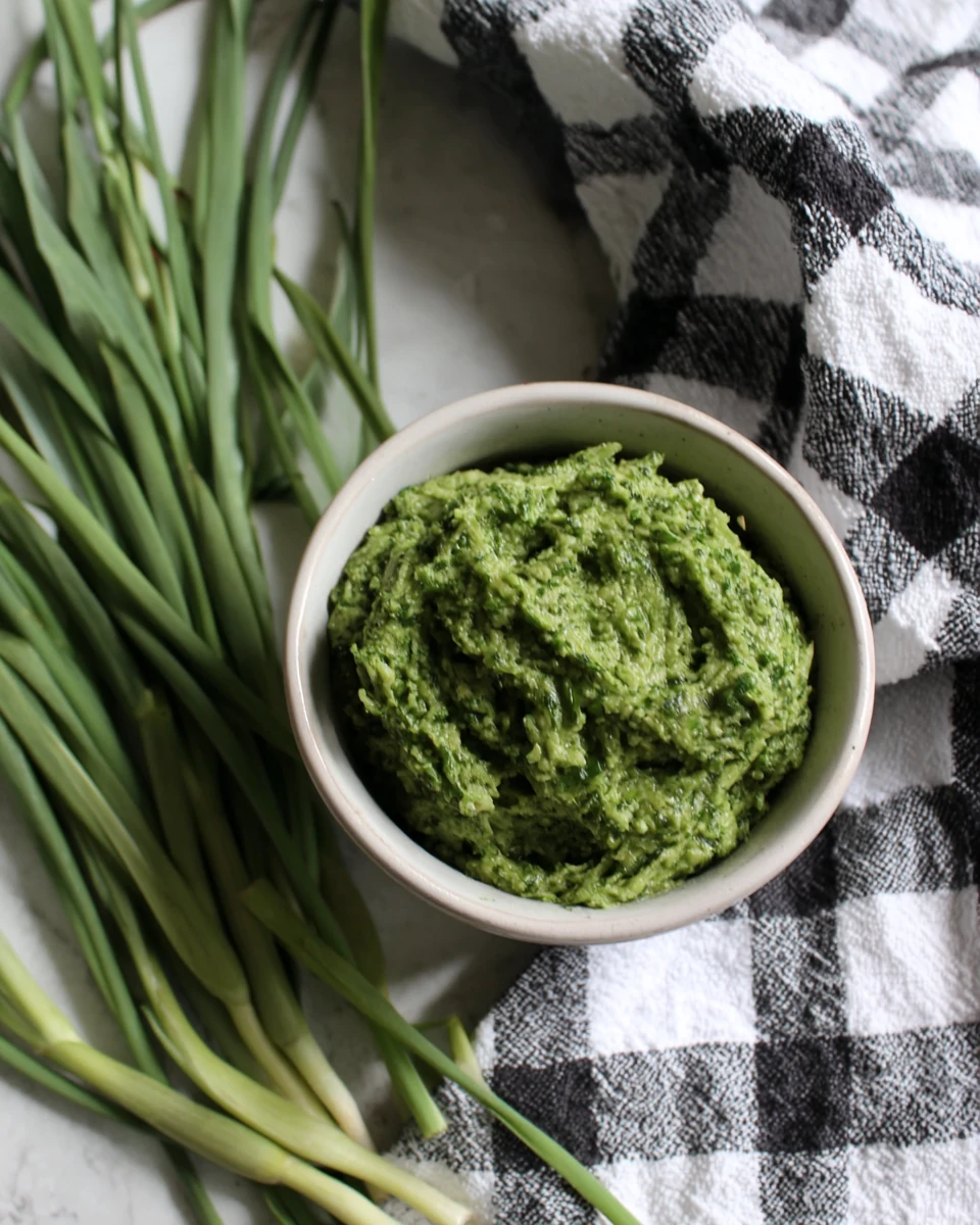 Fresh garlic scape pesto in a white bowl with raw garlic scapes on a checkered towel