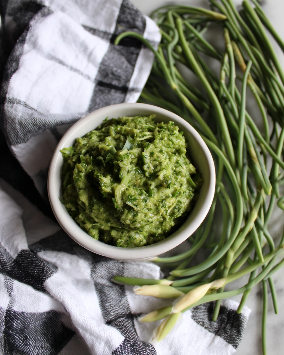 Fresh garlic scape pesto in a white bowl with raw garlic scapes on a checkered cloth