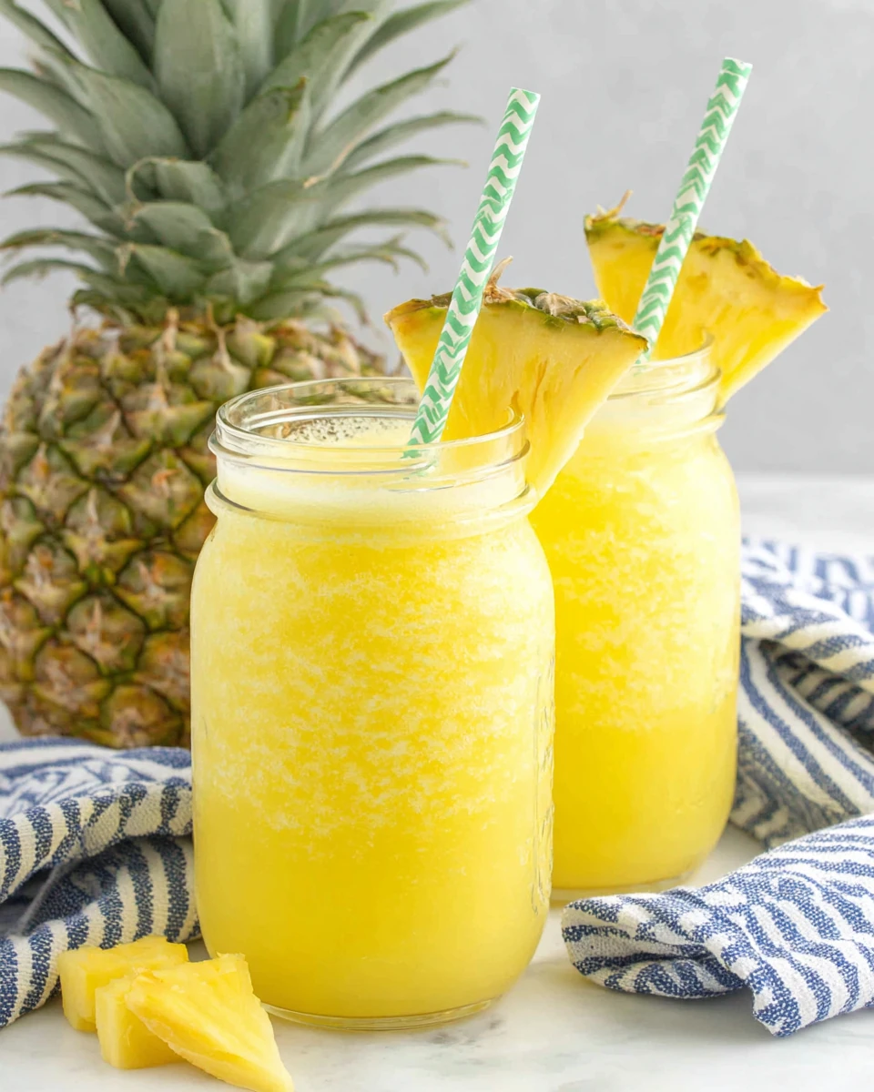 Two glasses of pineapple aqua fresca with pineapple garnish and striped straws