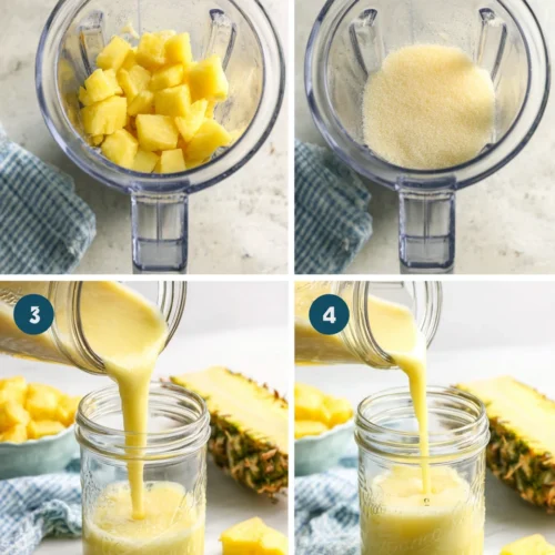 Step-by-step process of making pineapple aqua fresca in a blender with fresh pineapple and sugar.