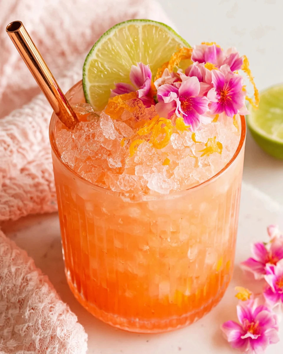 Pineapple mango rum punch with edible flowers and lime garnish