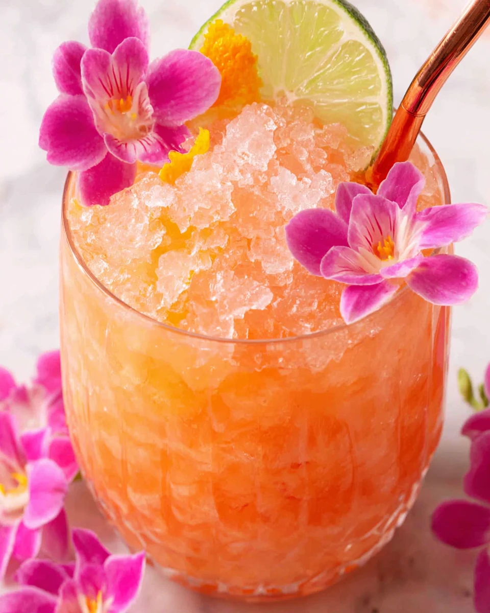 Pineapple mango rum punch with edible flowers and lime garnish