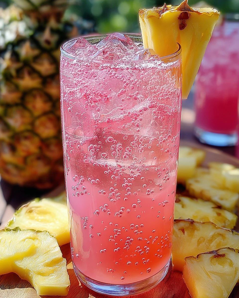 Pineapple pink lemonade party drink with ice and pineapple garnish