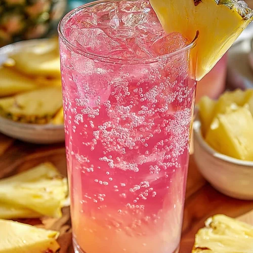 Pineapple pink lemonade party drink with ice and pineapple garnish