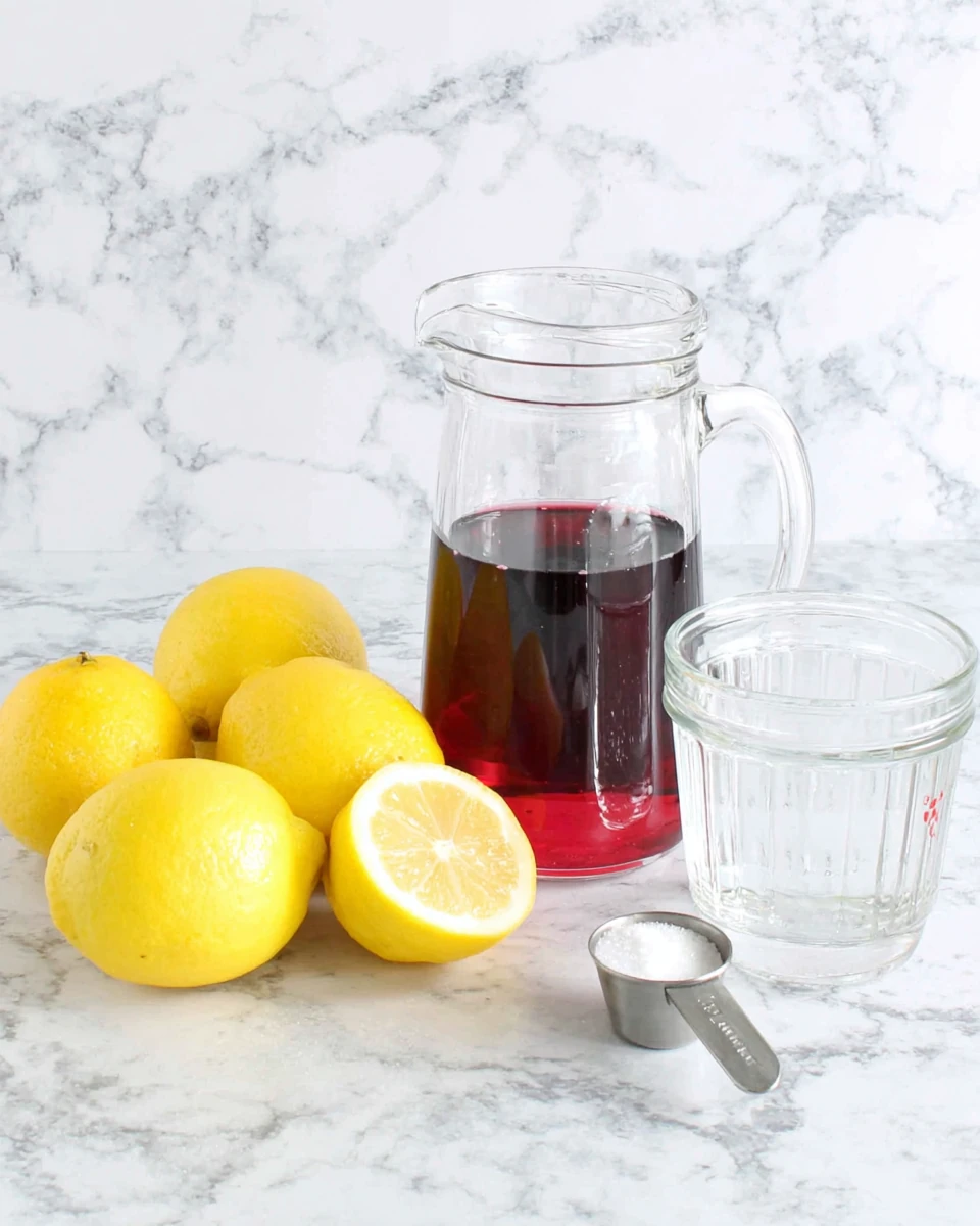 Fresh lemons, cranberry juice, sugar, and pitcher for making pink lemonade