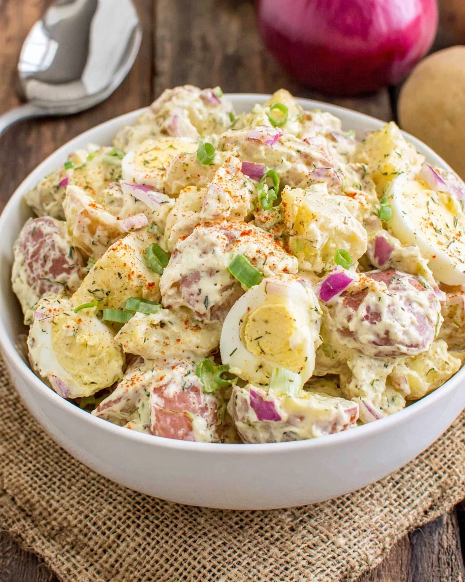 Creamy potato salad with eggs, celery, and red onion in a white bowl
