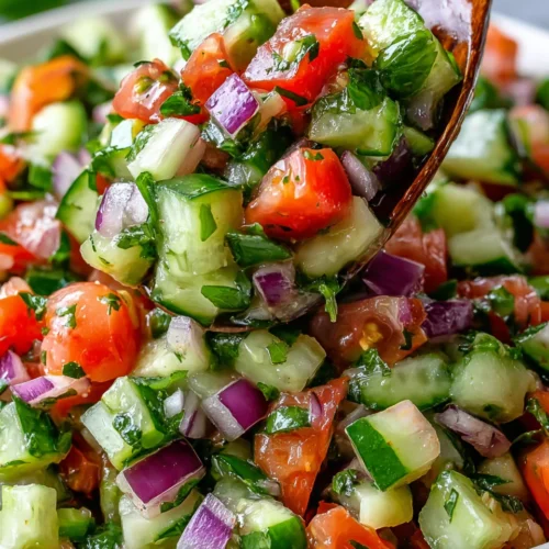 Quick Italian cucumber salad with fresh cucumbers, tomatoes, and herbs in a white bowl