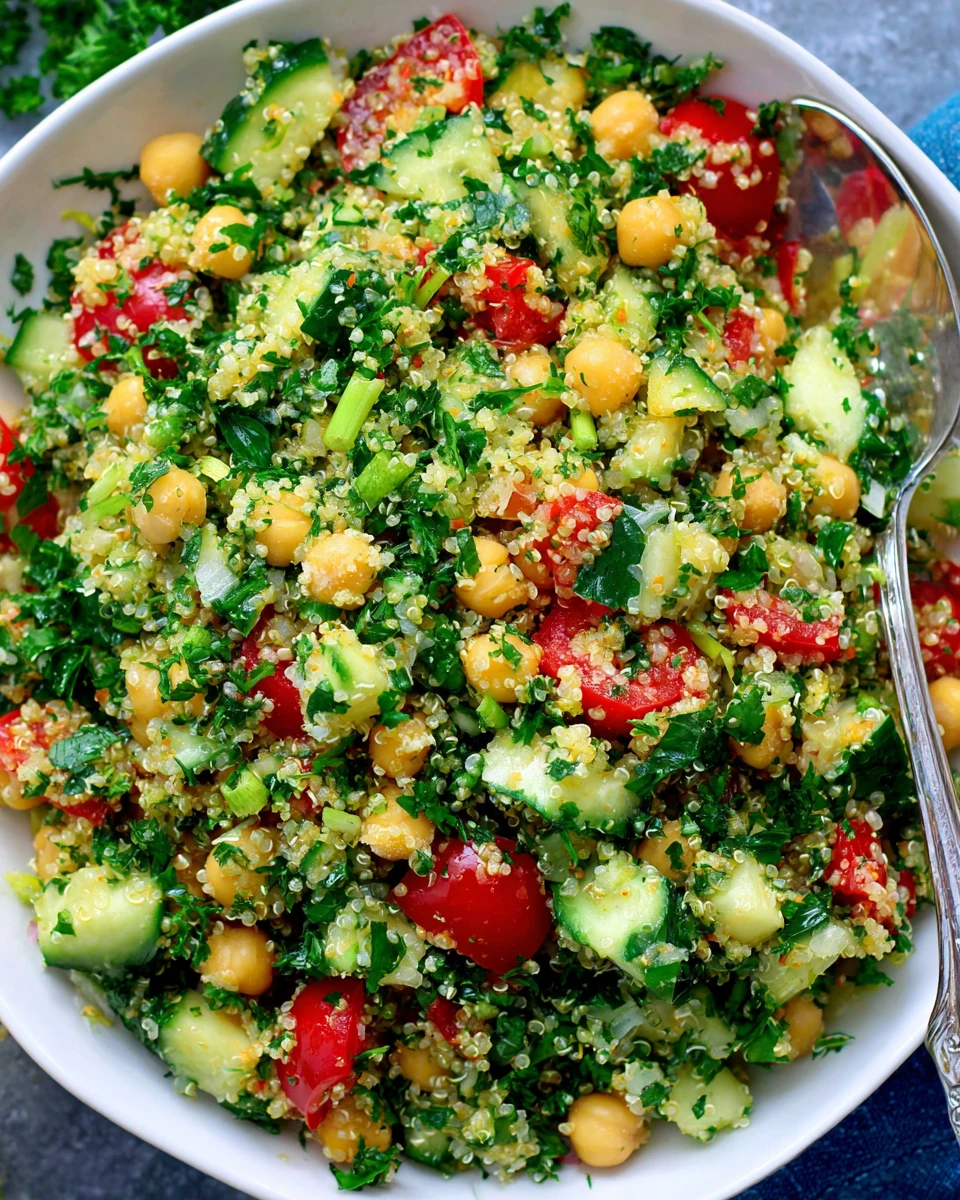 Quinoa chickpea tabbouleh salad with fresh herbs, tomatoes, and cucumbers in a white bowl