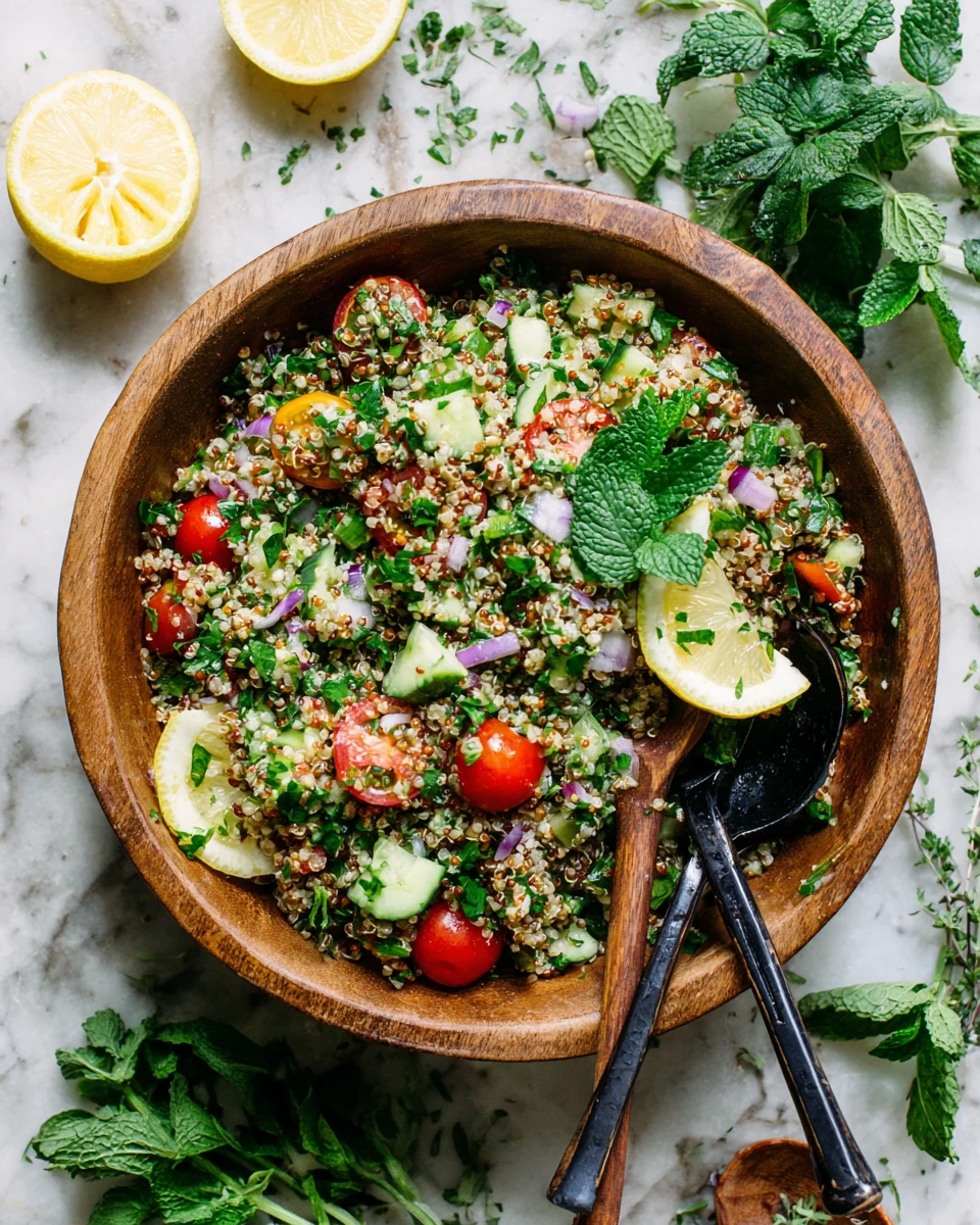 Quinoa tabbouleh salad with fresh herbs, tomatoes, and cucumbers in a wooden bowl