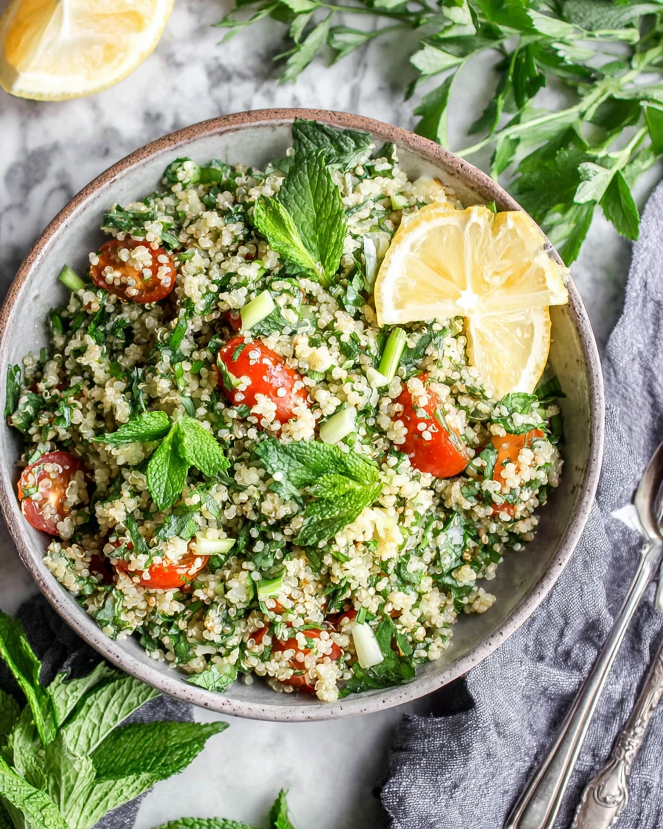 Quinoa tabouli with fresh herbs, tomatoes, and lemon in a rustic bowl
