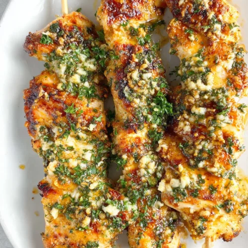 Ranch garlic parmesan chicken skewers with melted cheese and herbs on a white plate