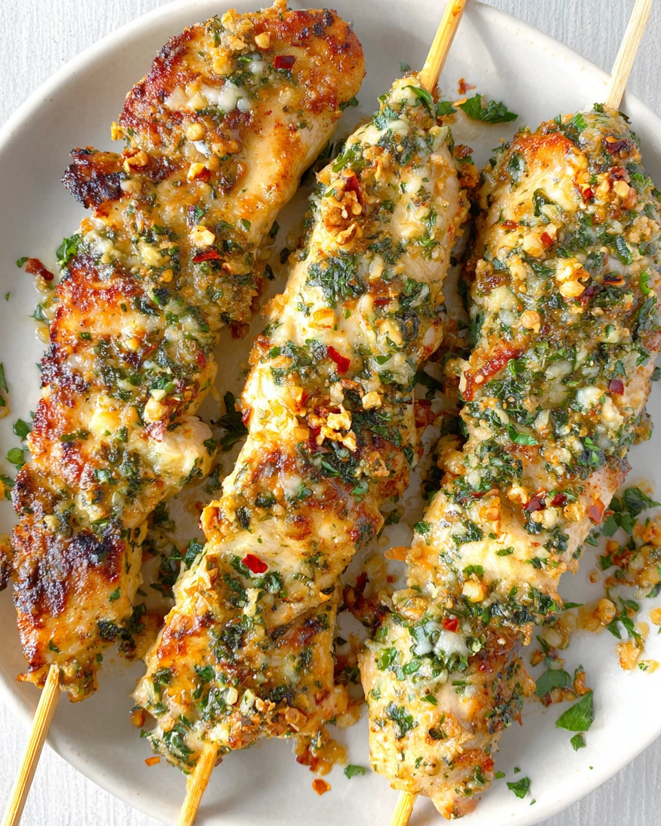 Ranch garlic parmesan chicken skewers on a white plate, topped with herbs and cheese