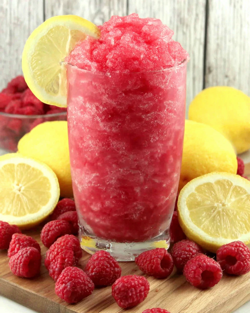 Refreshing raspberry lemonade slushie with lemon garnish and fresh berries