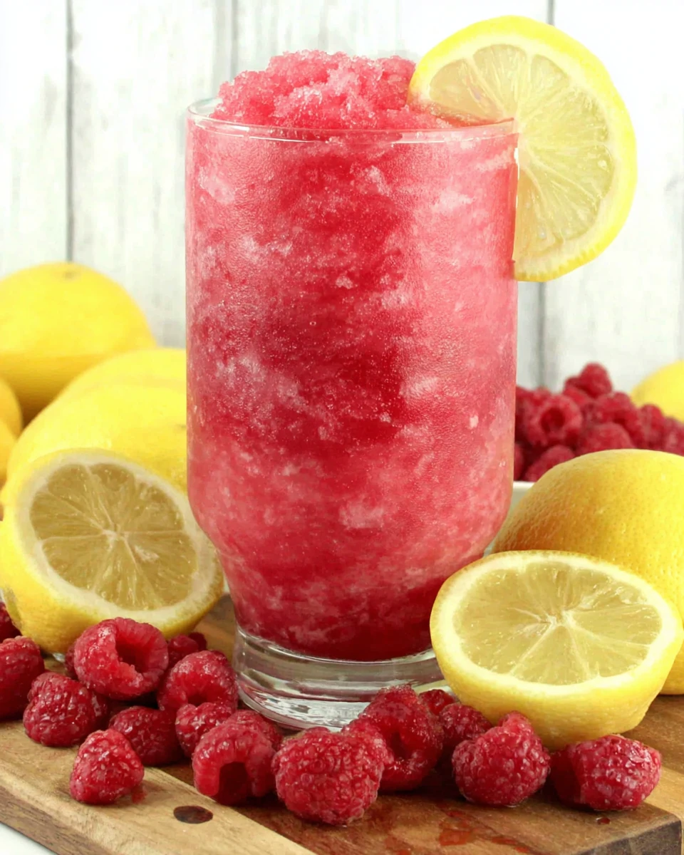 Refreshing raspberry lemonade slushie with lemon garnish and fresh berries