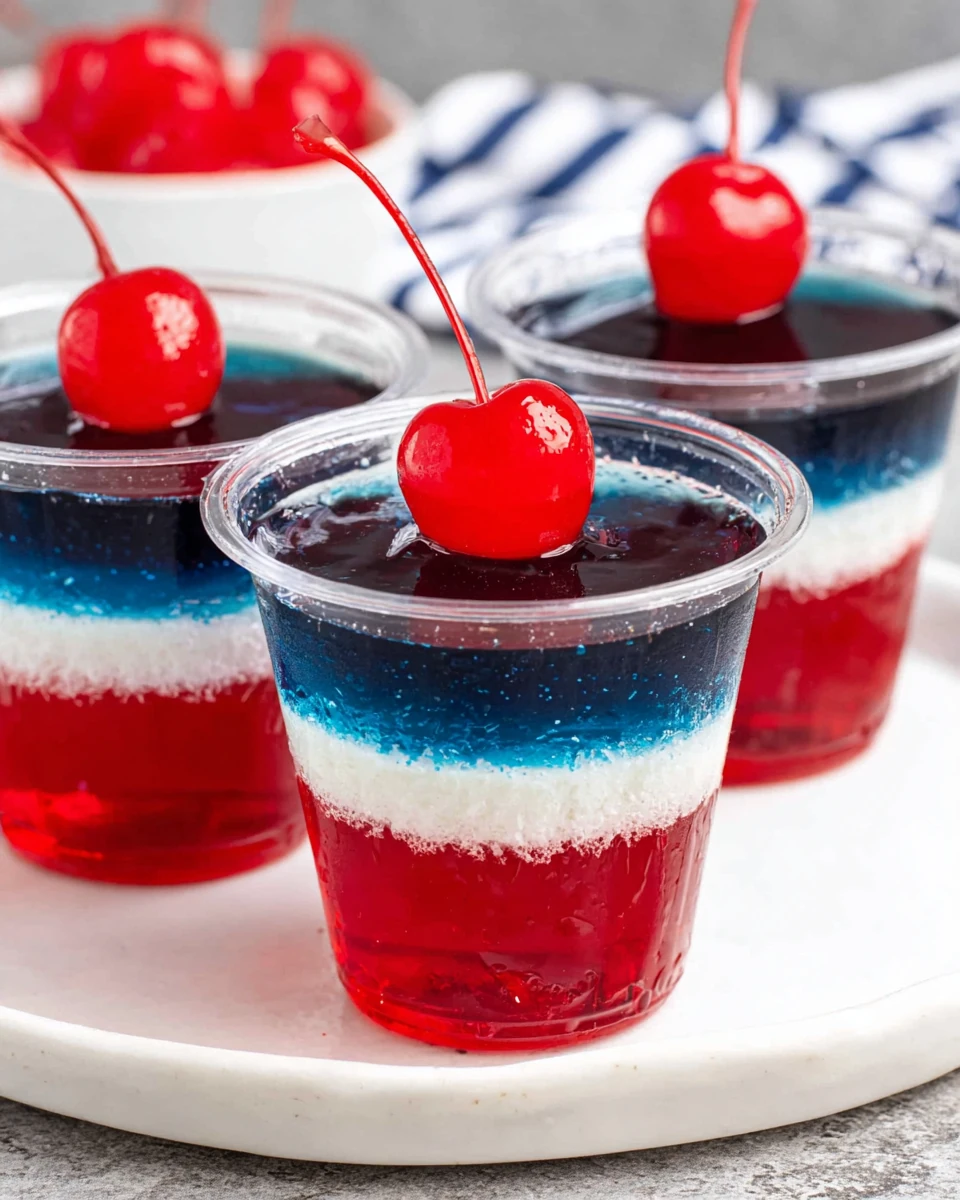 Red white and blue jello cups with maraschino cherries in clear plastic cups