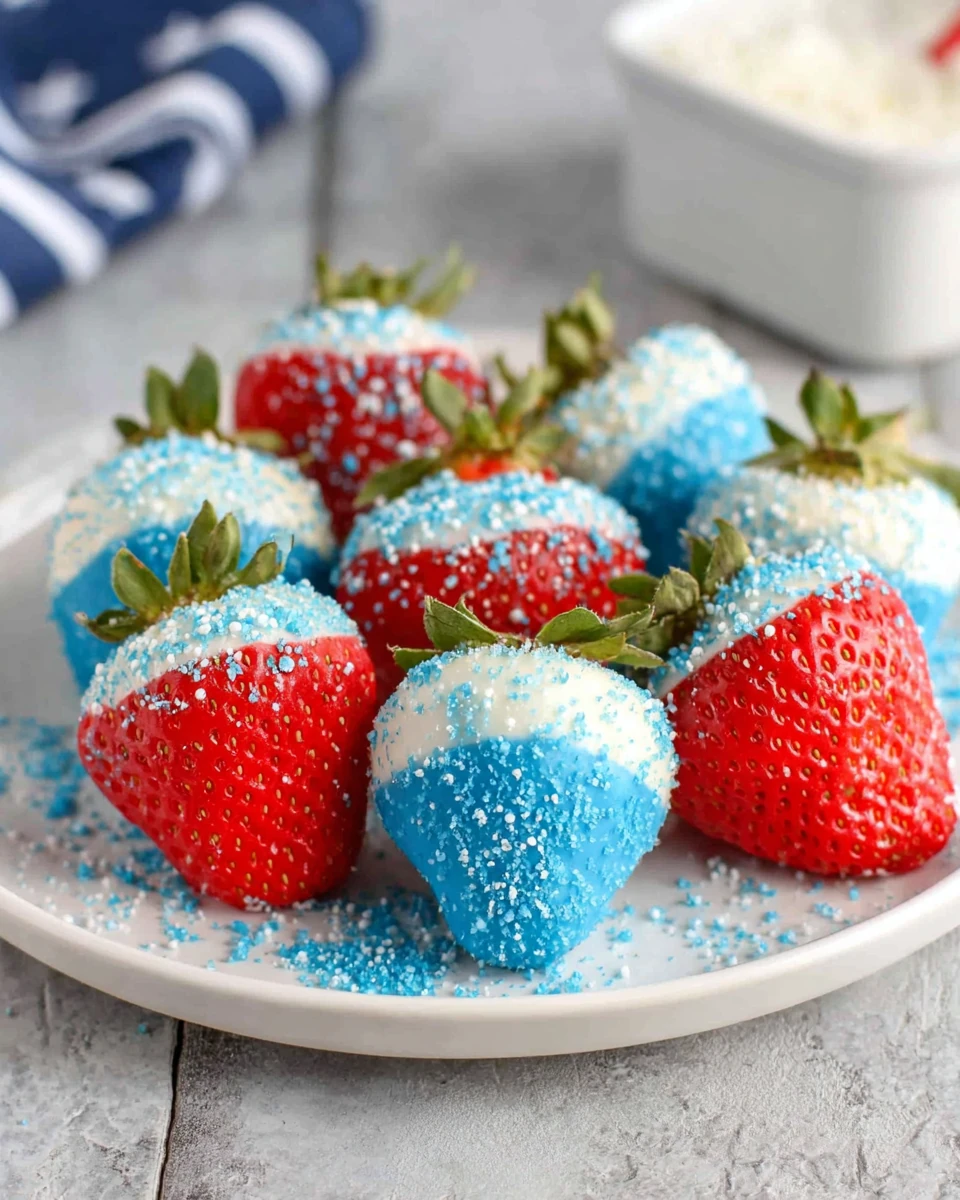 Red white & blue chocolate-covered strawberries with blue sugar on a white plate