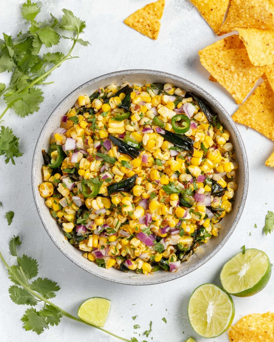 Roasted Corn Salsa with Charred Poblano and Fresh Lime Roasted corn salsa with tortilla chips, lime, and cilantro on a white marble background