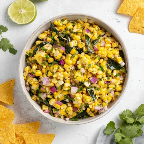 Roasted Corn Salsa: A Flavorful Delight for Everyone 1 Roasted corn salsa in a bowl with tortilla chips and lime wedges