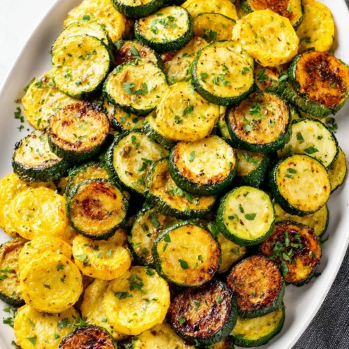 Roasted zucchini and squash with fresh herbs on a white plate