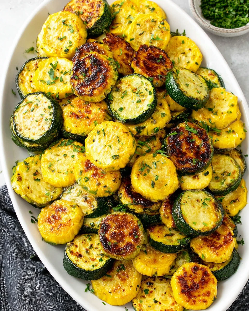 Roasted zucchini and squash with fresh herbs on a white plate