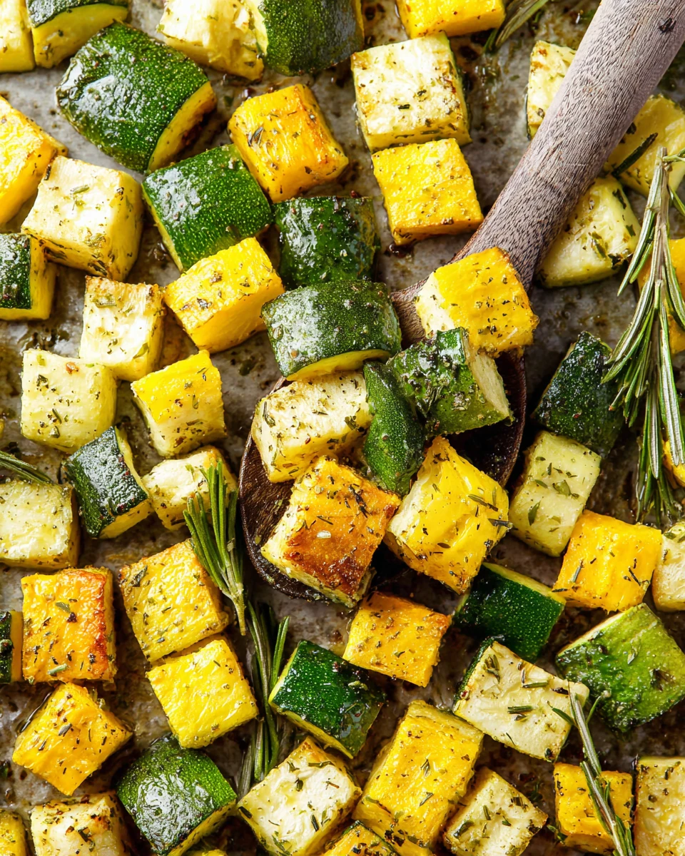 Roasted zucchini and yellow squash with herbs on a baking sheet
