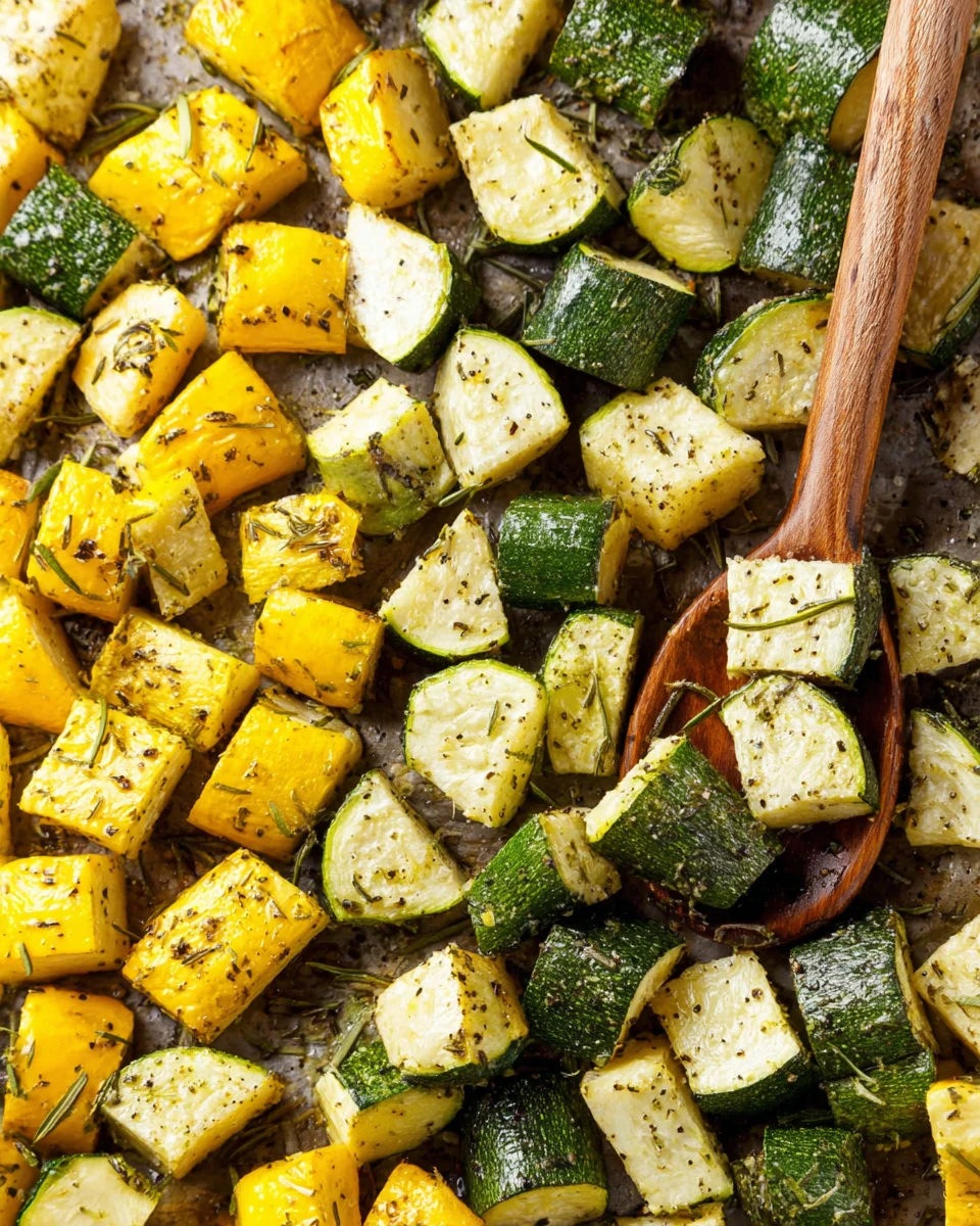 Roasted zucchini and yellow squash with herbs on a baking sheet