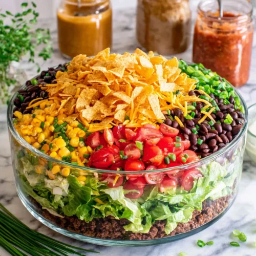 Seven layer taco salad with fresh ingredients and creamy dressing in a glass bowl