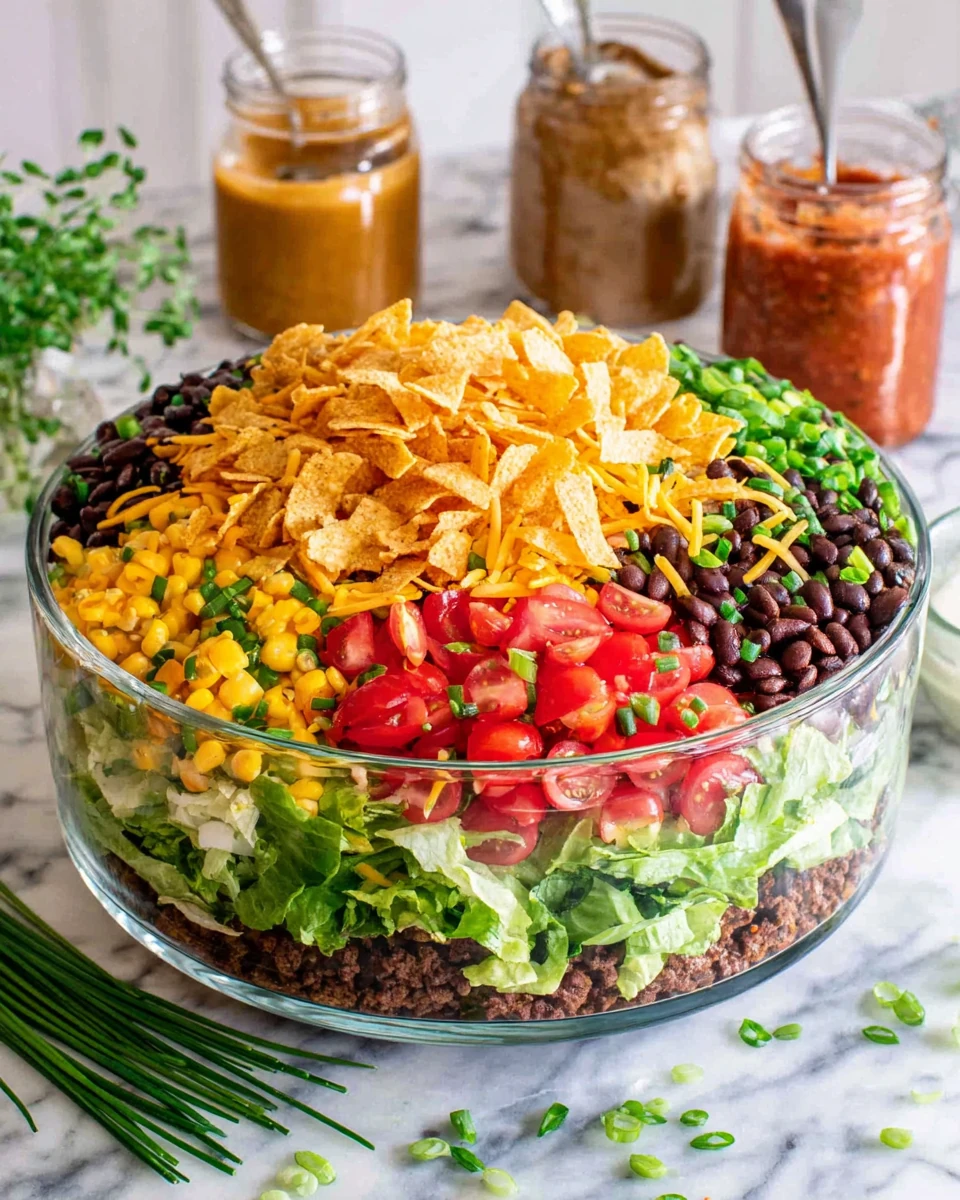 Seven layer taco salad with fresh ingredients and creamy dressing in a glass bowl