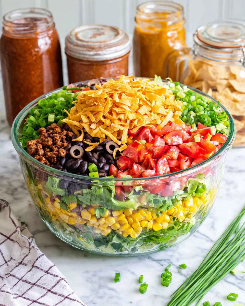 Seven layer taco salad with fresh ingredients and creamy dressing in a glass bowl