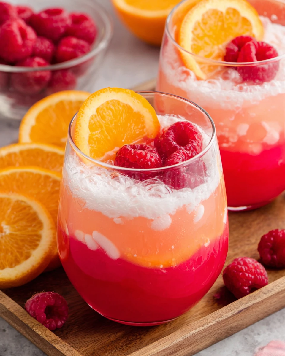 Sherbet party punch in glasses with orange and raspberry garnish
