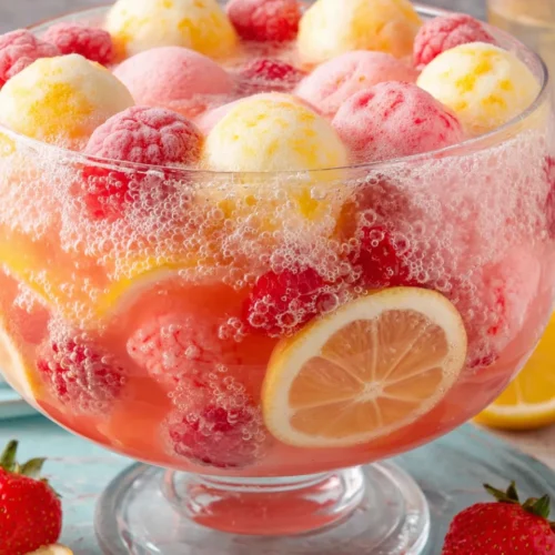 Colorful sherbet punch with rainbow sherbet scoops and frozen berries in a glass bowl.