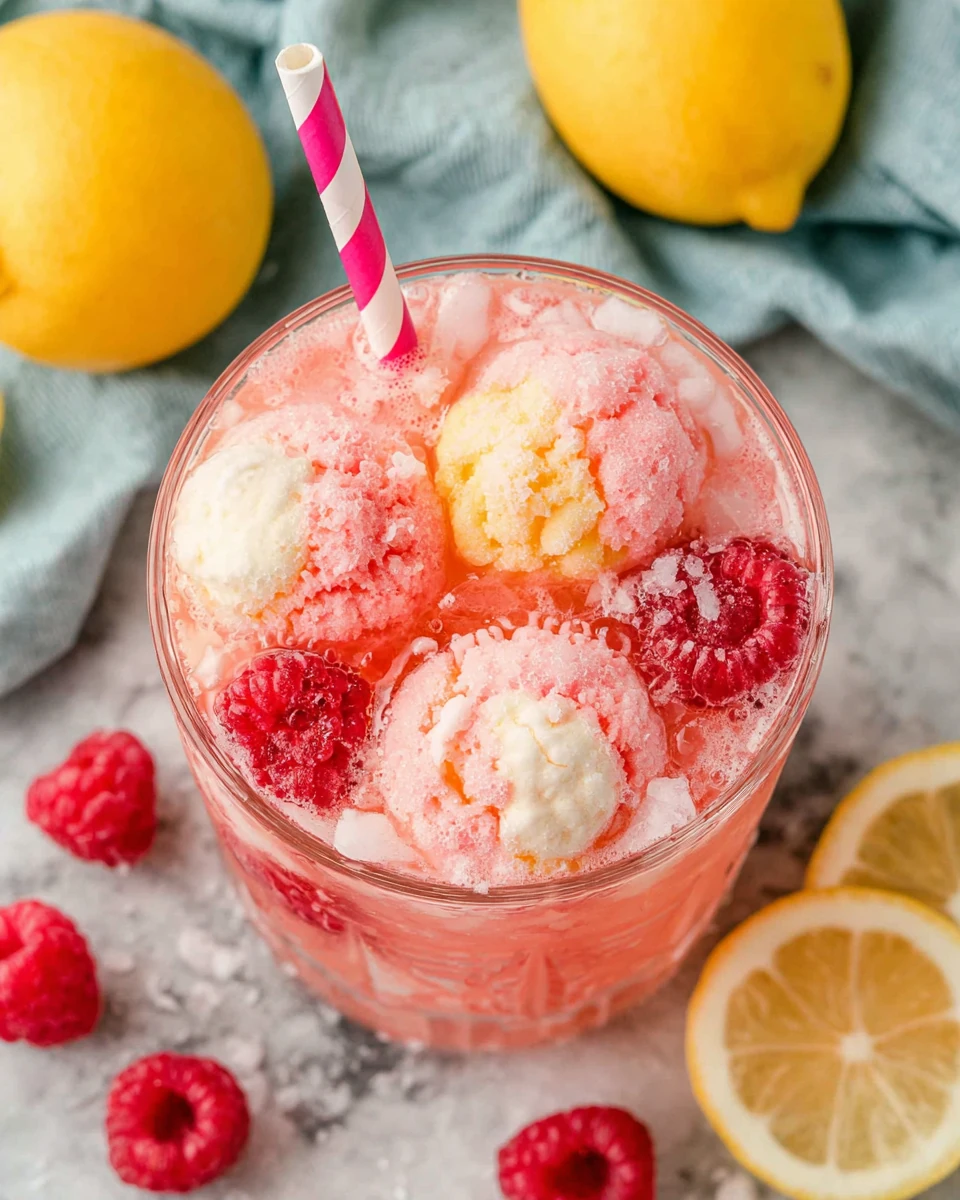A glass of sherbet punch with raspberries, lemon slices, and sherbet scoops, served with a pink and white striped straw